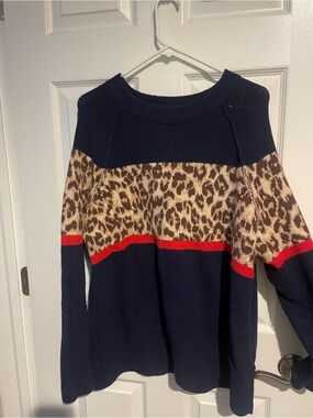 aerie Navy Sweater with Leopard Panel and Red Stripe